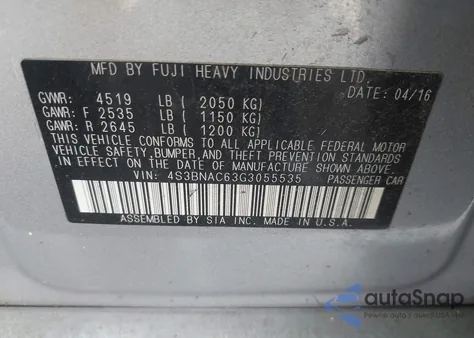 2016 Subaru Legacy 2.5I Premium z USA, uszkodzony, nr VIN 4S3BNAC63G3055535